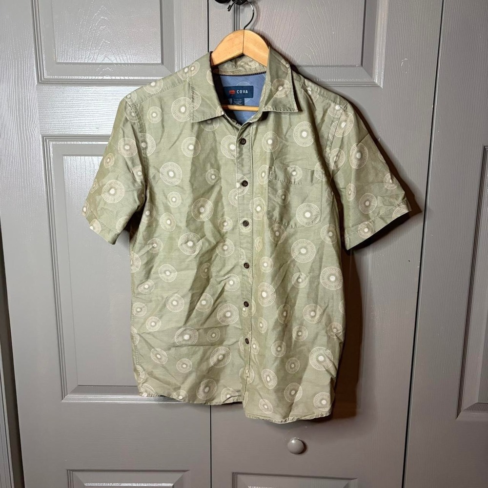 Cova Mens Small Green Geometric Circle Pattern Short Sleeve Button Up Polo Shirt
